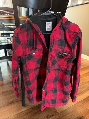 Dickies Red and Black Plaid Hooded Shirt Jacket Men’s Small 34/36